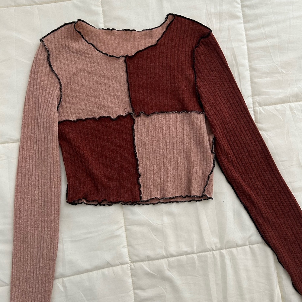 Multi Colored Brown Crop Top | Long Sleeve Crop Tops
